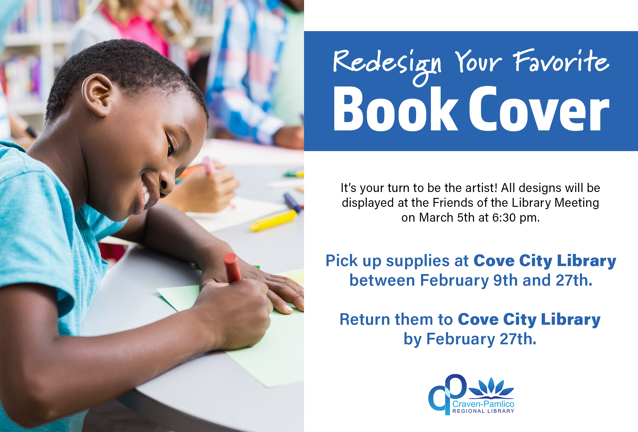 Redesign a Book Cover Event at the Cove City Library. February 9-27. Click for details!