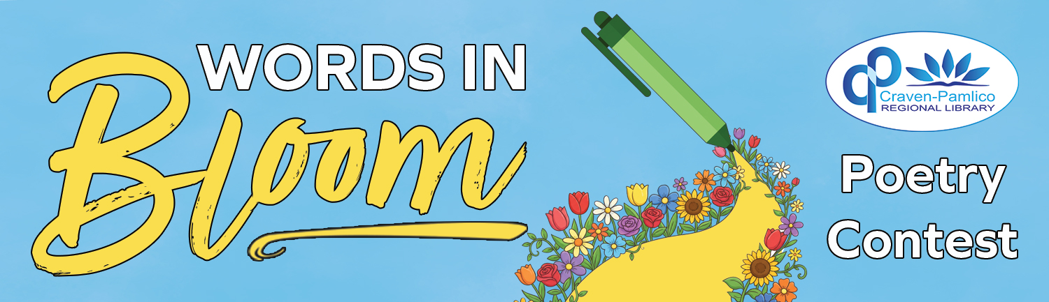 A pen draws with flowers blooming in its path. Text reads: Words in Bloom: Annual CPRL Poetry Contest